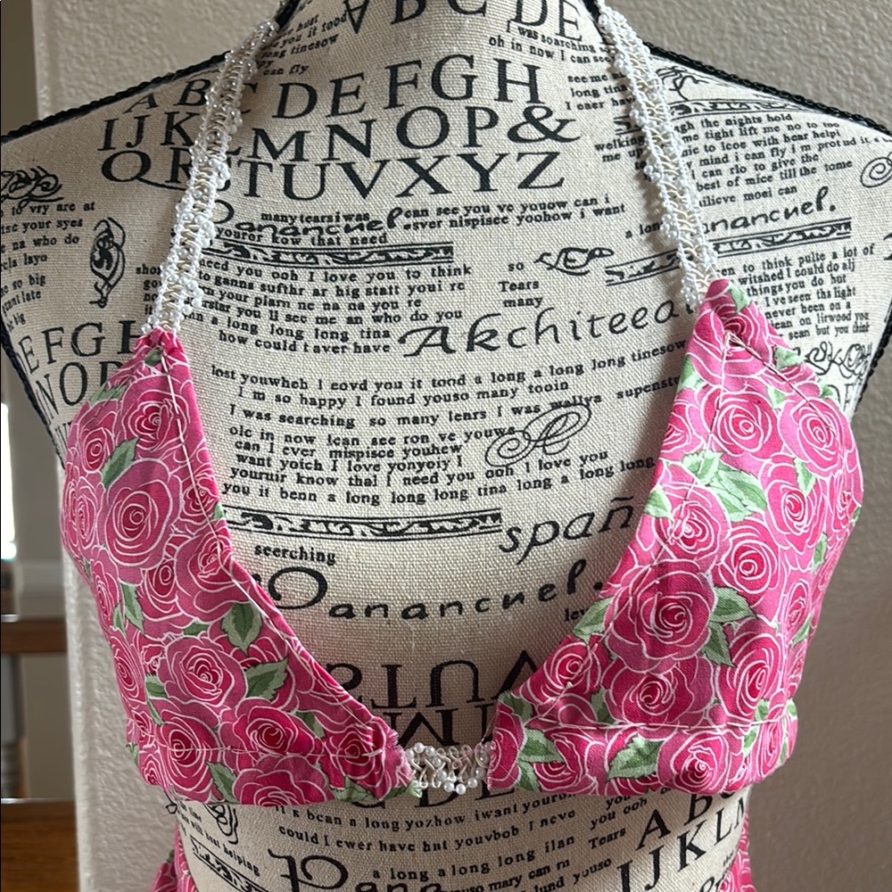 Handmade Pink Floral Halter Bikini Festival Top